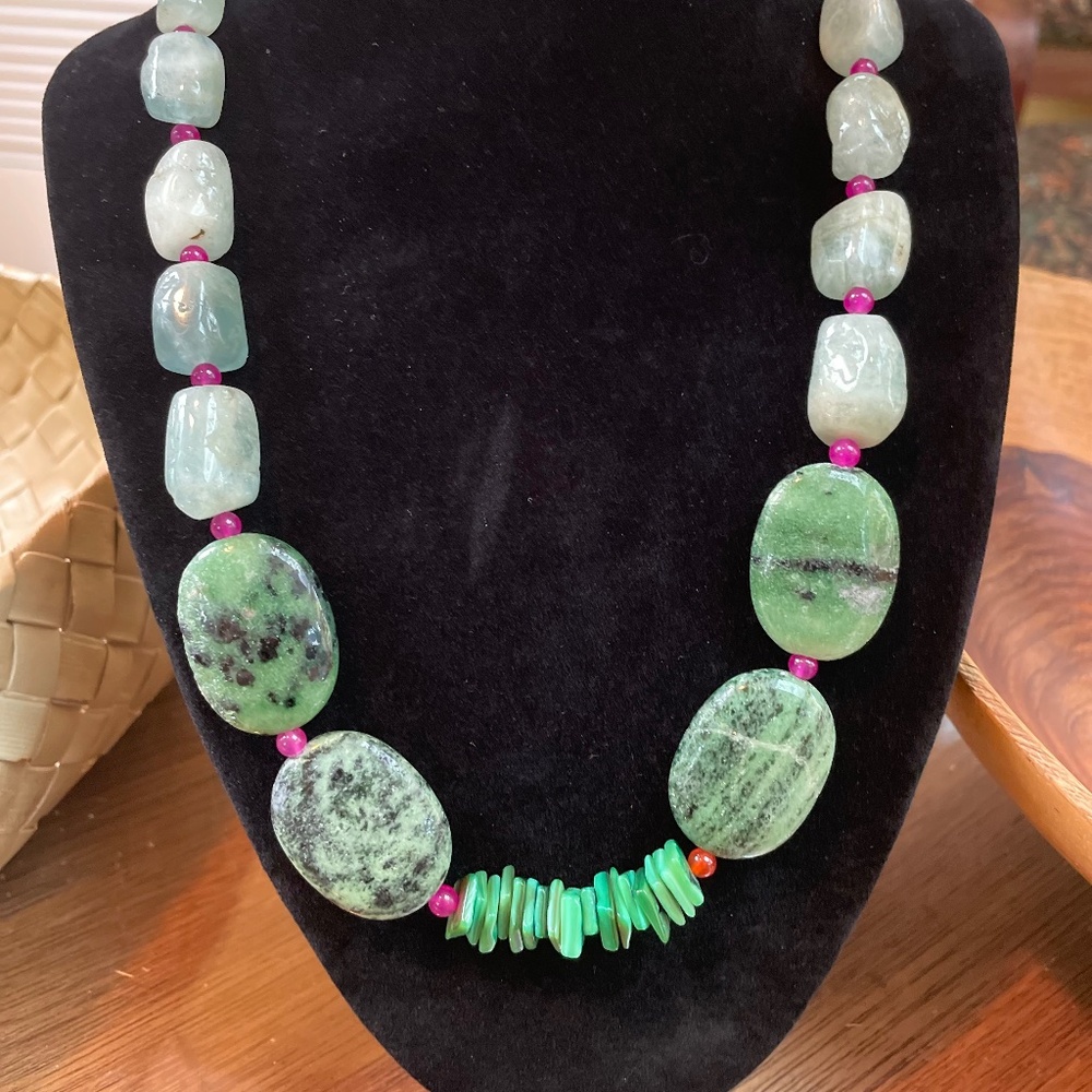 Chunky aventurine necklace with sweet pink tourmaline beads.